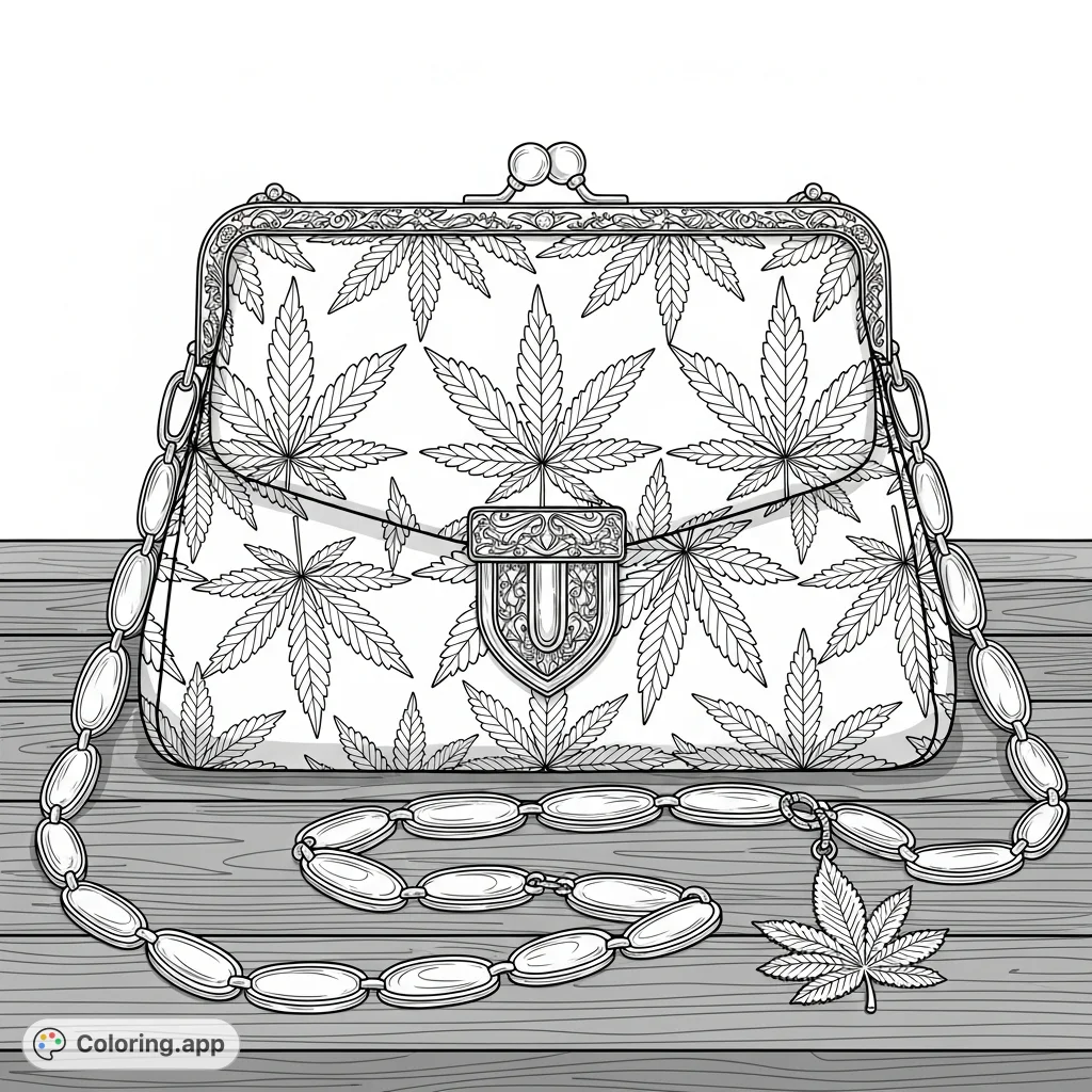 An elegant purse adorned with intricate cannabis leaf patterns, an ornate metal clasp, and a dangling cannabis plant charm, resting on a wooden table.