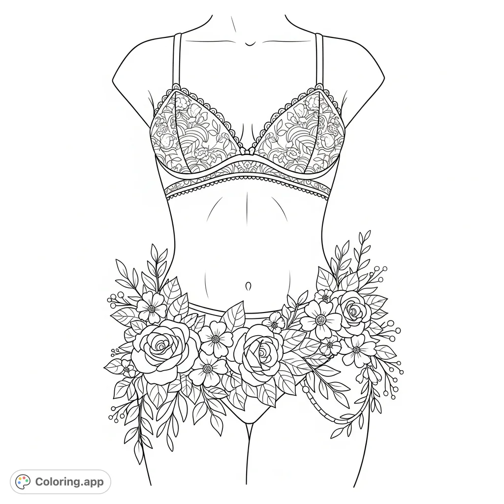 An elegant female torso adorned with a two-piece undergarment with intricate lace patterns and elaborate floral body art featuring roses and various blossoms.