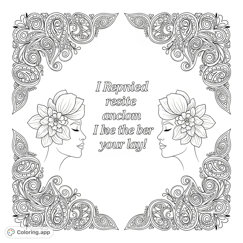 Discover a stunning symmetrical design featuring an elegant woman's profile, delicate floral hair, and a central quote, all framed by intricate paisley patterns.