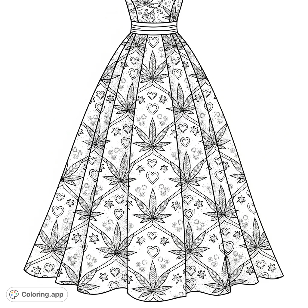 An elegant, full floor-length formal dress featuring a fitted bodice, flowing skirt, and a bold, repeating pattern of stylized marijuana leaves and feminine motifs.