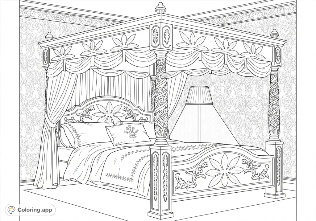 Indulge in sophisticated relaxation with this intricate coloring page featuring a grand four-poster bed, detailed carvings, and botanical motifs.