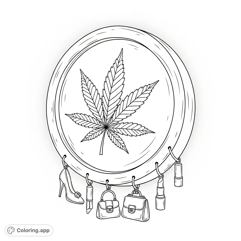 A stylish medallion featuring a distinct cannabis leaf, encircled by a wide edge and adorned with miniature high heels, handbags, and lipstick charms, set against a gentle glow. Perfect for adult coloring.