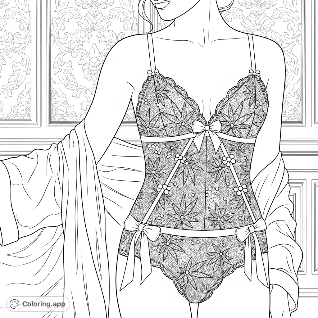 Elegant adult coloring page: graceful woman in lace lingerie, cannabis leaf patterns, pearls, silk robe, and damask wallpaper.