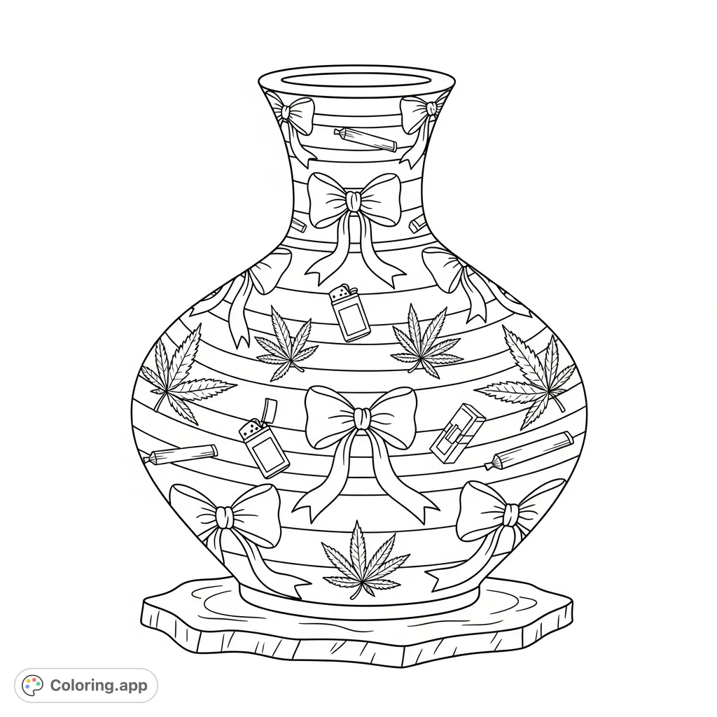 Discover an elegantly patterned ceramic vase adorned with organic motifs, delicate bows, stylized marijuana leaves, lighters, and rolling papers.
