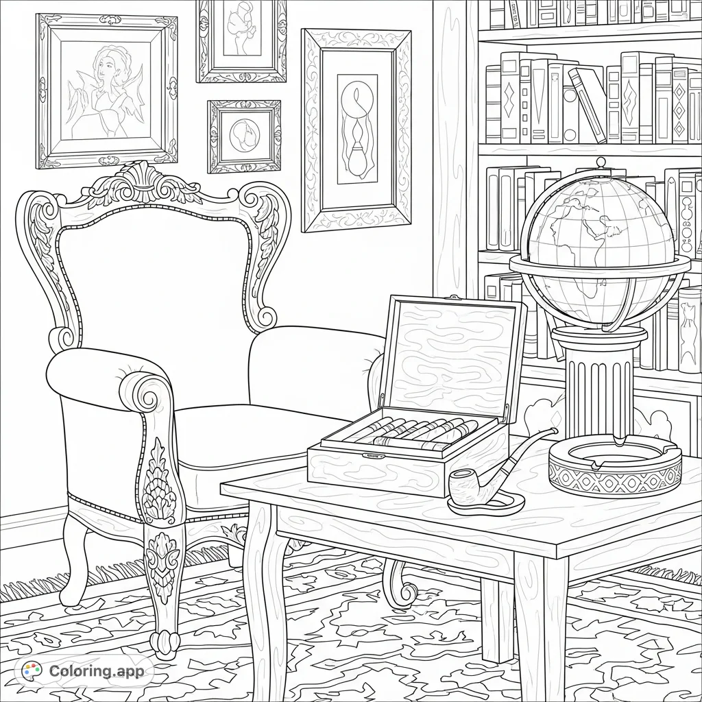 Step into an elegant smoking lounge coloring page, featuring a plush armchair, detailed cigar box, and antique globe. A sophisticated adult coloring page.