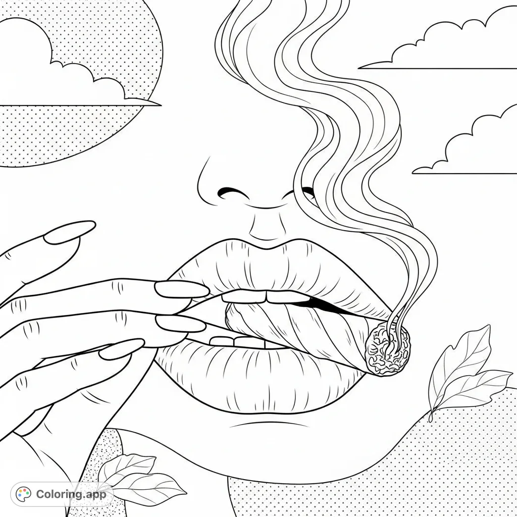 A detailed depiction of a hand gently holding a rolled cylindrical object between parted lips, with elegant wisps of smoke rising gracefully. Focus on textures and forms.