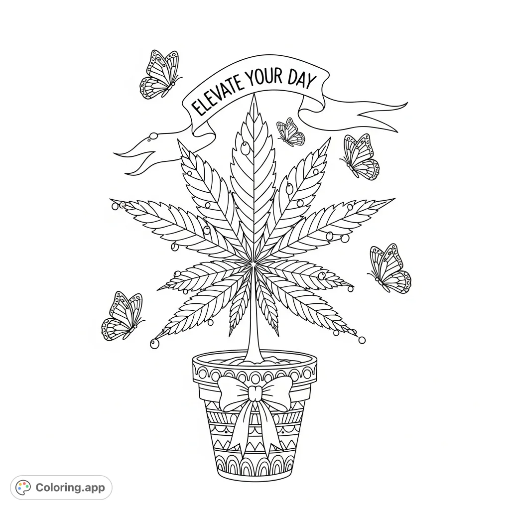 A stylized cannabis plant in a decorative pot, featuring a banner with "Elevate Your Day" and surrounded by intricate butterflies and delicate dew drops.