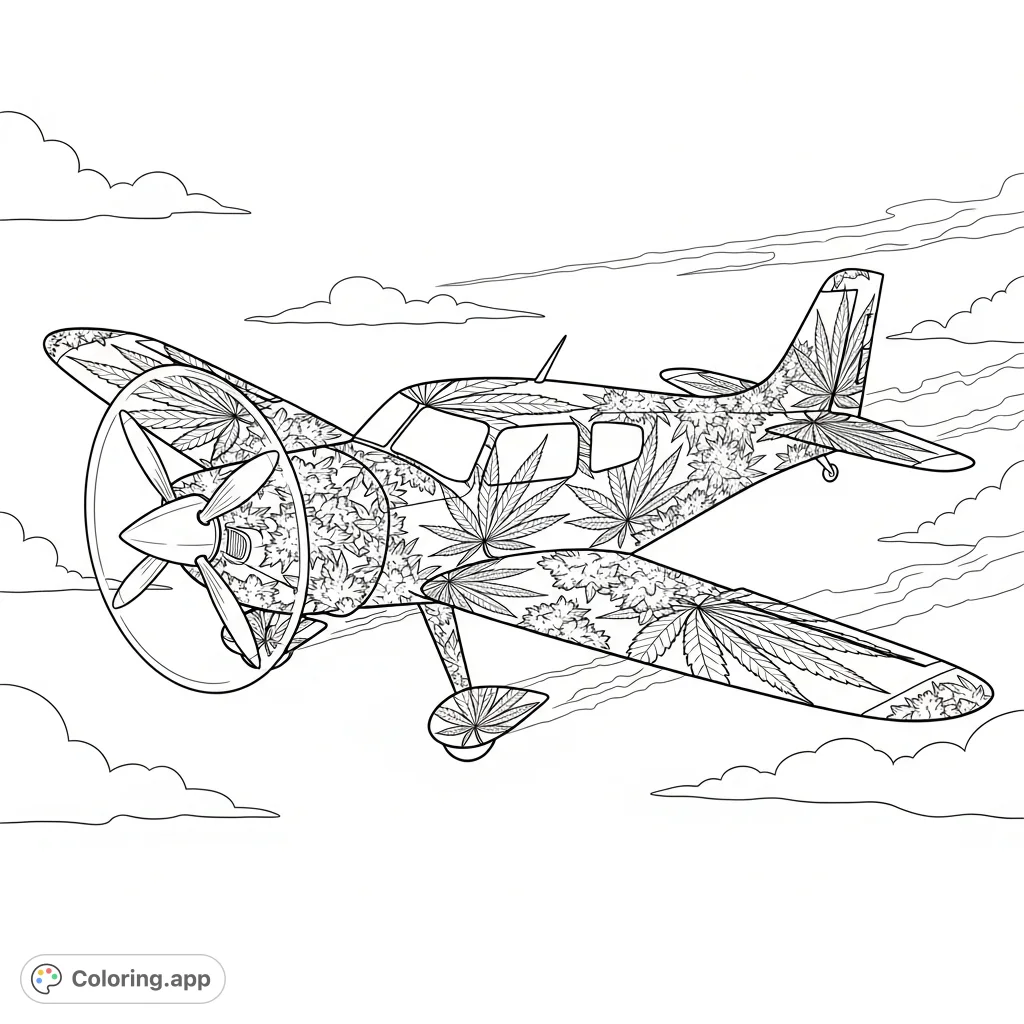 Soar to new creative heights with this unique cannabis airplane coloring page! Featuring a stylized aircraft adorned with intricate cannabis leaf patterns in an open sky.