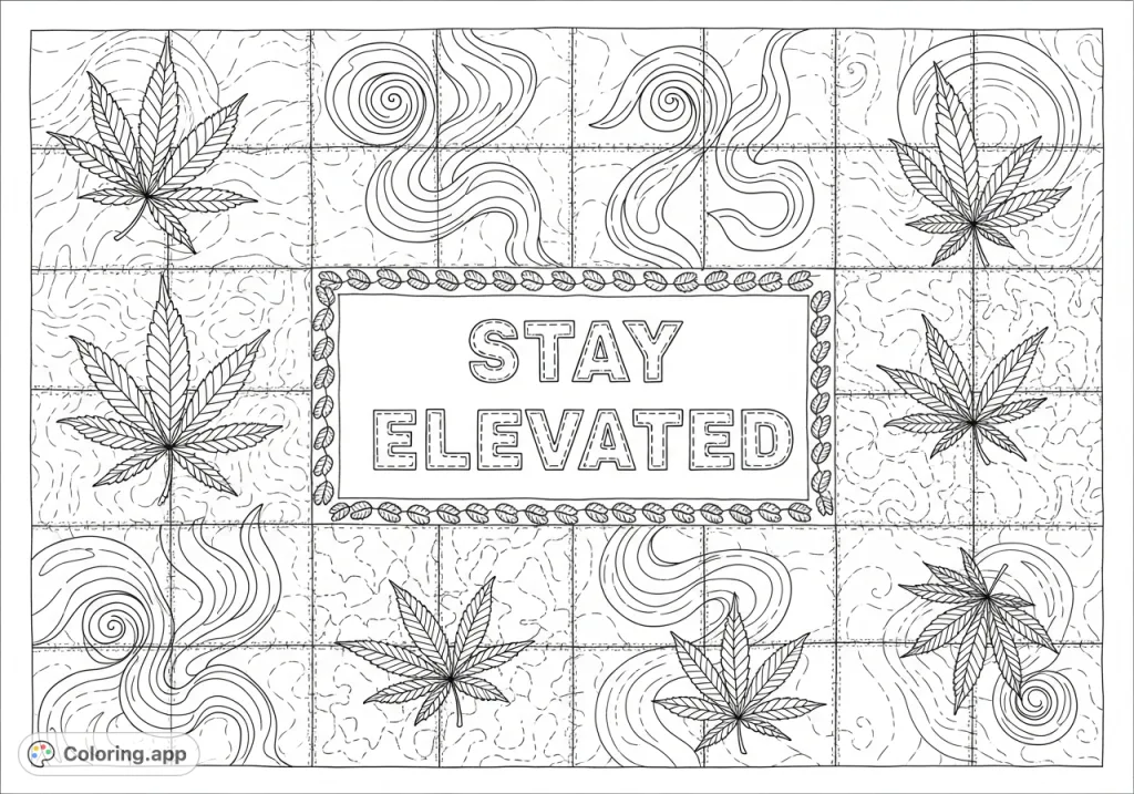 Immerse yourself in this unique cannabis-themed quilt coloring page, featuring detailed leaves, abstract smoke patterns, and ...