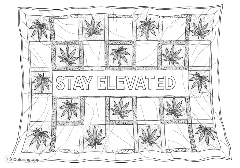 A unique cannabis quilt coloring page with detailed leaves and "Stay elevated" text, blending traditional craft with modern expression for adults.