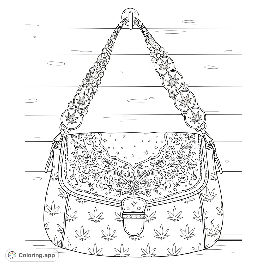 Color a substantial purse featuring an intricate cannabis leaf motif, a bead-rich strap with metallic emblems, and delicate botanical embroidery on its flap.