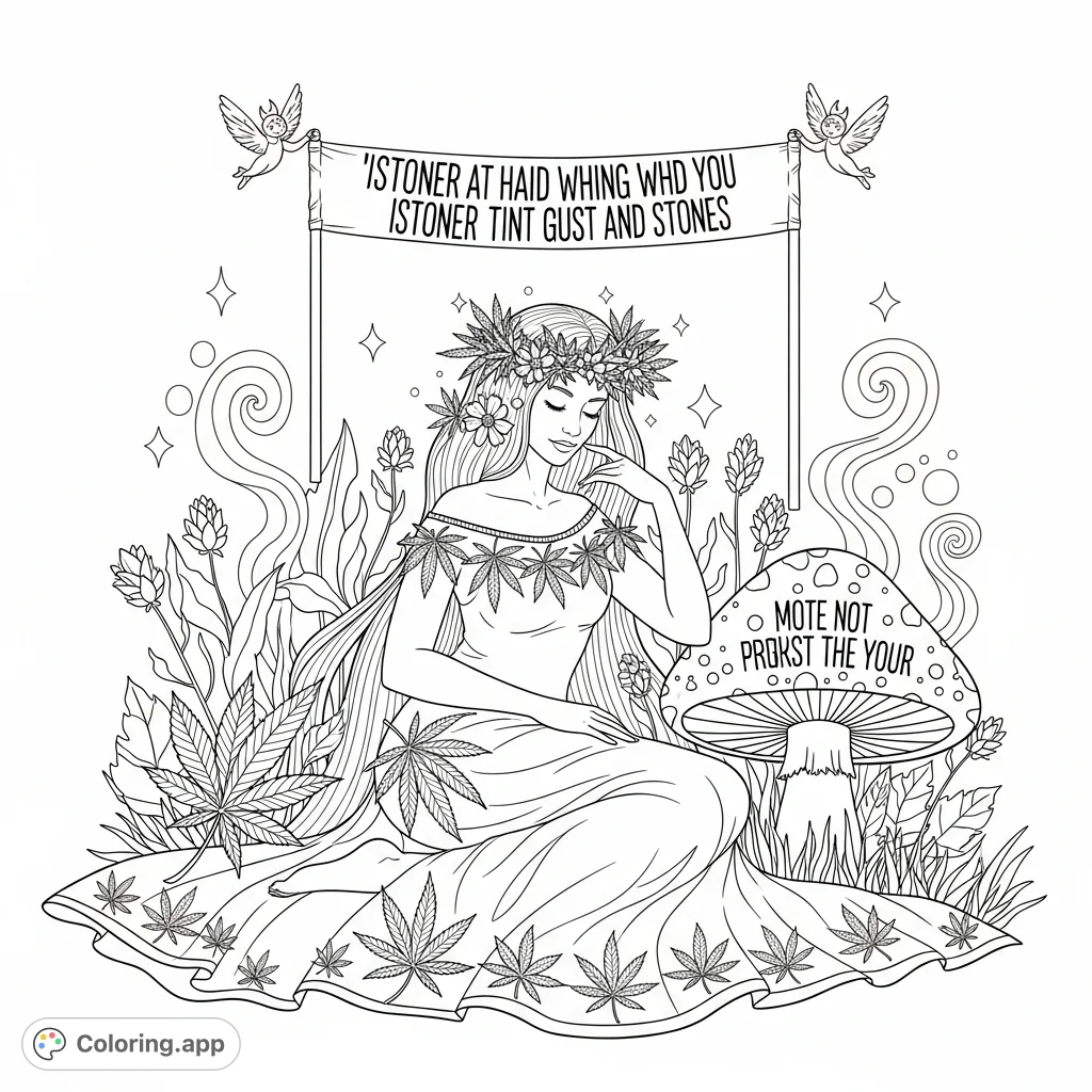 An ethereal figure reclines in a fantastical garden, adorned with delicate cannabis leaf patterns and profound quotes. A unique, intricate adult coloring page.