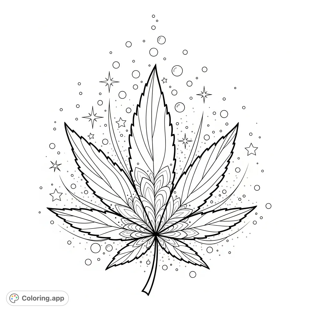 Discover a serene cannabis leaf coloring page with elegant lines, abstract floral patterns in its veins, and drifting stars, offering a calming, ethereal artistic escape.
