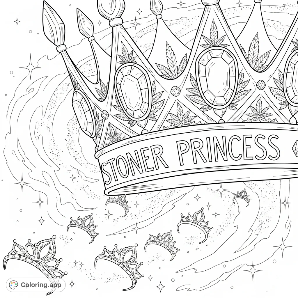 Color an ethereal crown with geometric panels, cannabis leaves, and sparkling jewels. "stoner princess" arcs across, with cosmic gases and floating tiaras.