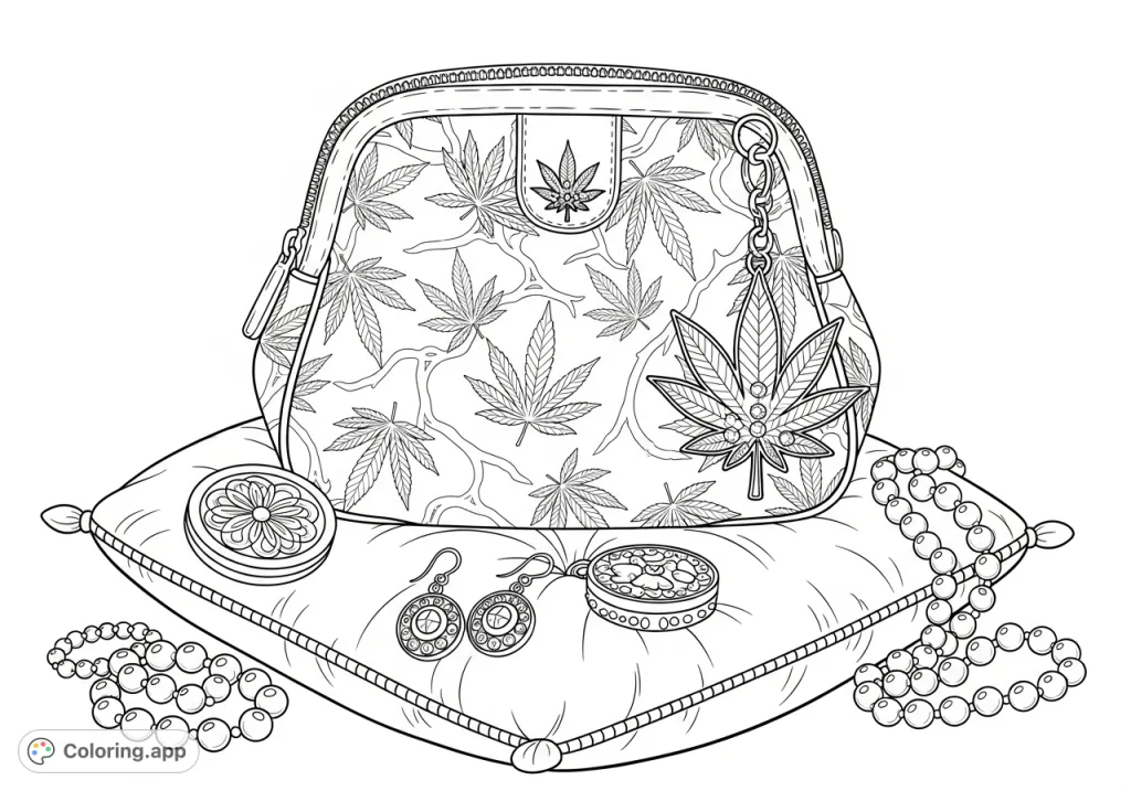 Discover an exotic purse featuring embossed cannabis leaves, a charm, and crystal emblems, elegantly displayed on a plush cushion alongside scattered jewelry. A unique adult cannabis coloring page.