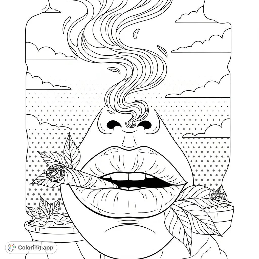 Explore a captivating close-up of expressive lips holding a cylindrical object, with smoke dramatically swirling upwards. An intriguing and detailed coloring challenge.