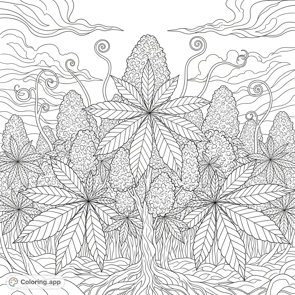 Immerse yourself in a detailed cannabis world coloring page, featuring lush plants, intricate leaves, and whimsical elements for creative relaxation.