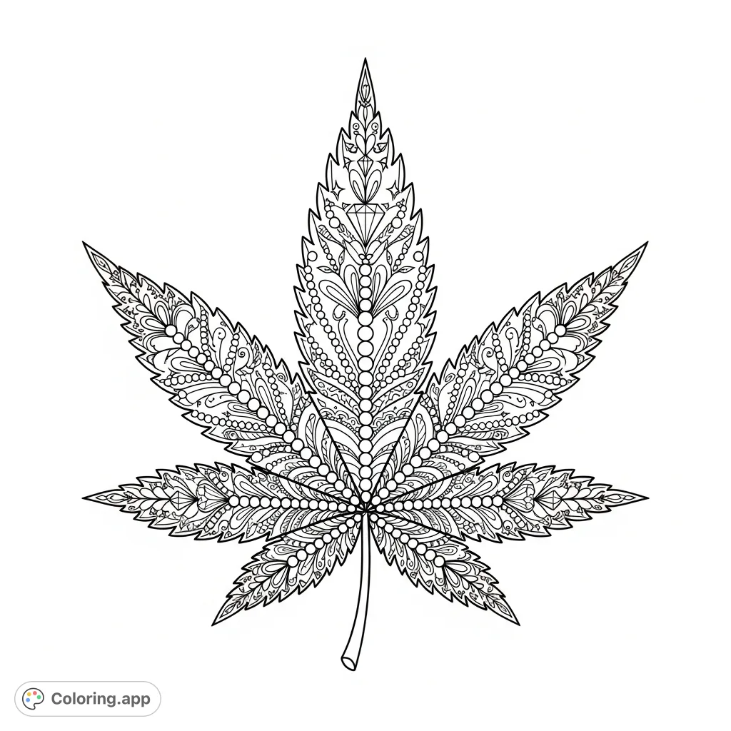 An intricately detailed cannabis leaf medallion, filled with elegant feminine patterns including pearls, lace, diamonds, and flowers, offering a unique and sophisticated coloring experience.