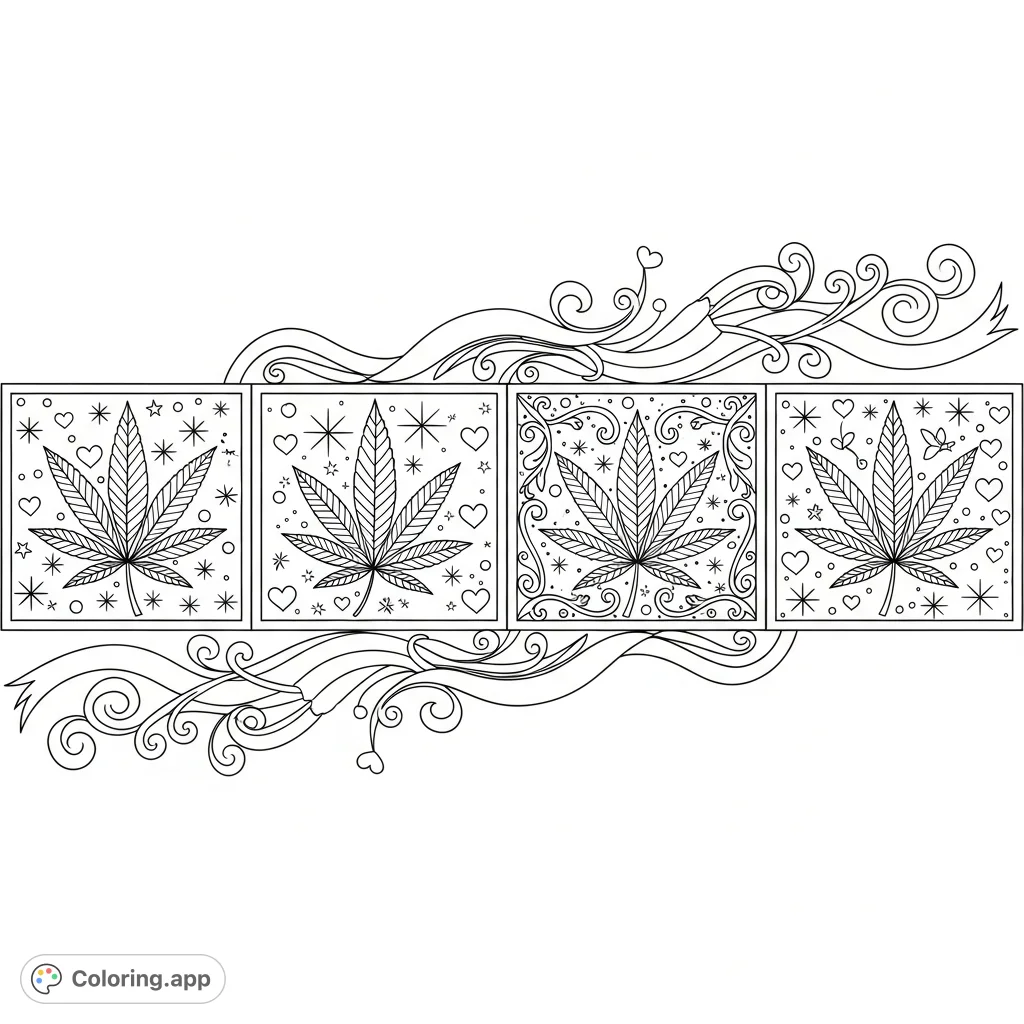 Explore intricate panels showcasing stylized cannabis leaves, feminine details, flowing ribbons, hearts, and starbursts. A continuous botanical and ornamental tapestry coloring page.