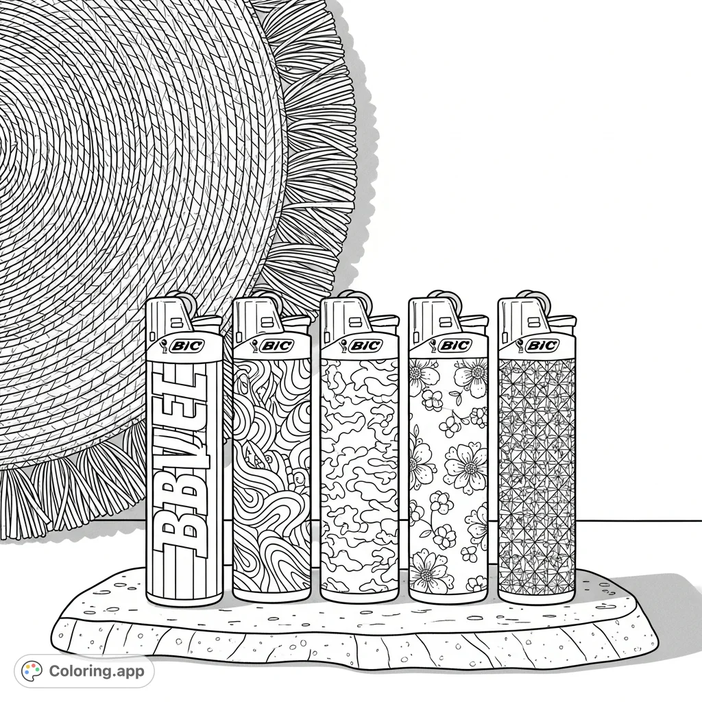 Discover five Bic lighters standing on a stone slab, each adorned with unique designs from bold graphics to delicate florals, set against a textured placemat. A challenging patterns coloring page for adults.