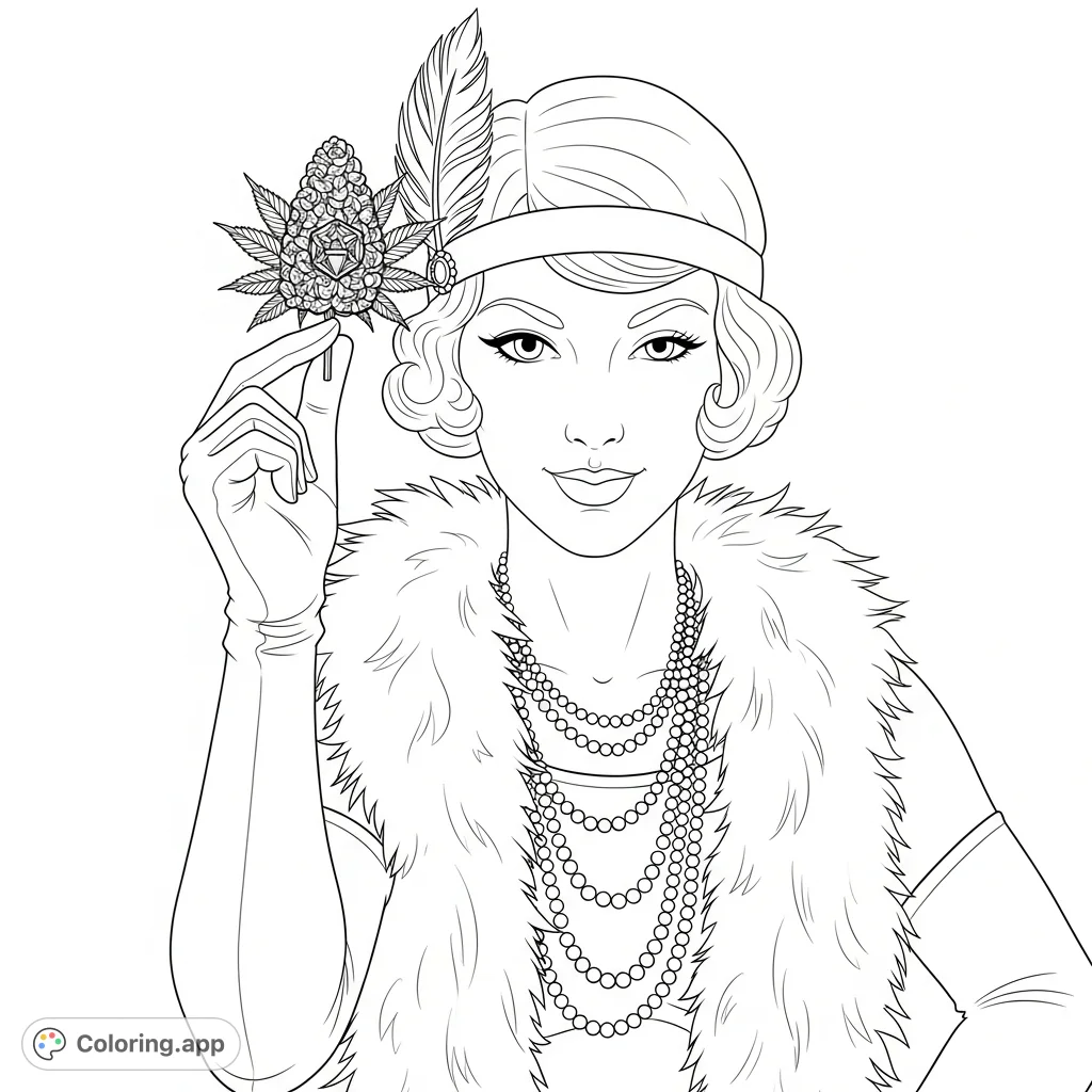 A charming 1920s pin-up girl winks playfully, elegantly holding an ornate cannabis bud. Perfect for adults seeking unique, themed coloring pages.