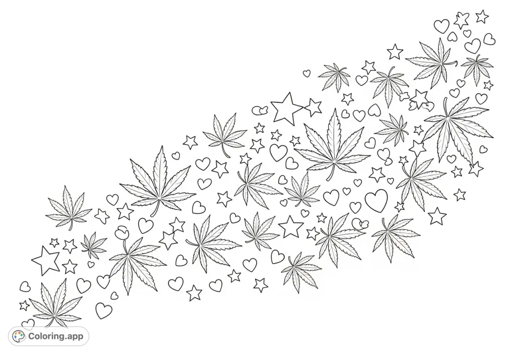 A dynamic scene featuring simplified cannabis leaves swirling and overlapping, interspersed with sparkling stars and soft hearts, creating a gentle, abundant flow across the page.