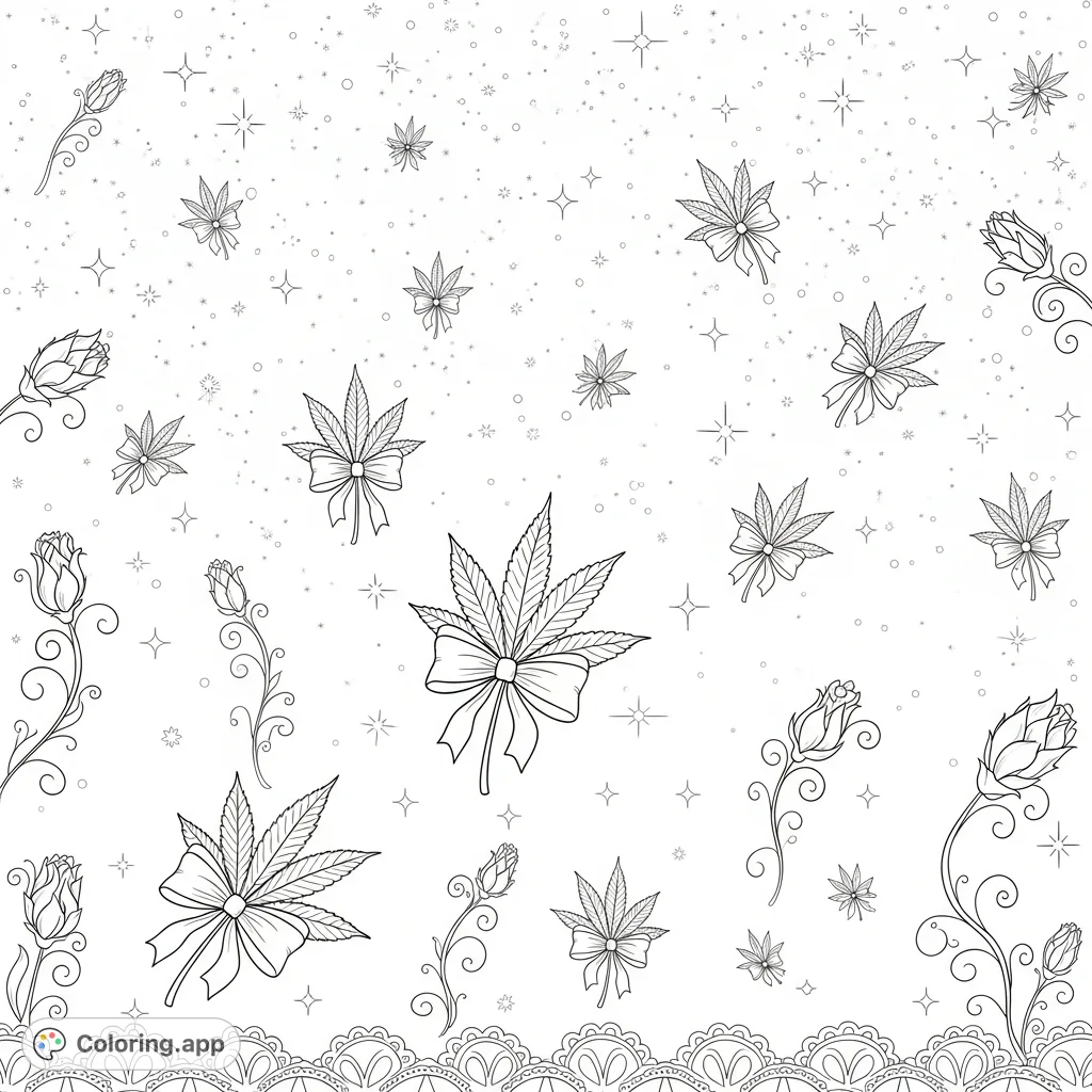 Discover a tranquil cannabis leaves coloring page with delicate leaves, satin bows, shimmering starbursts, and intricate lace patterns. A detailed scene for adults.