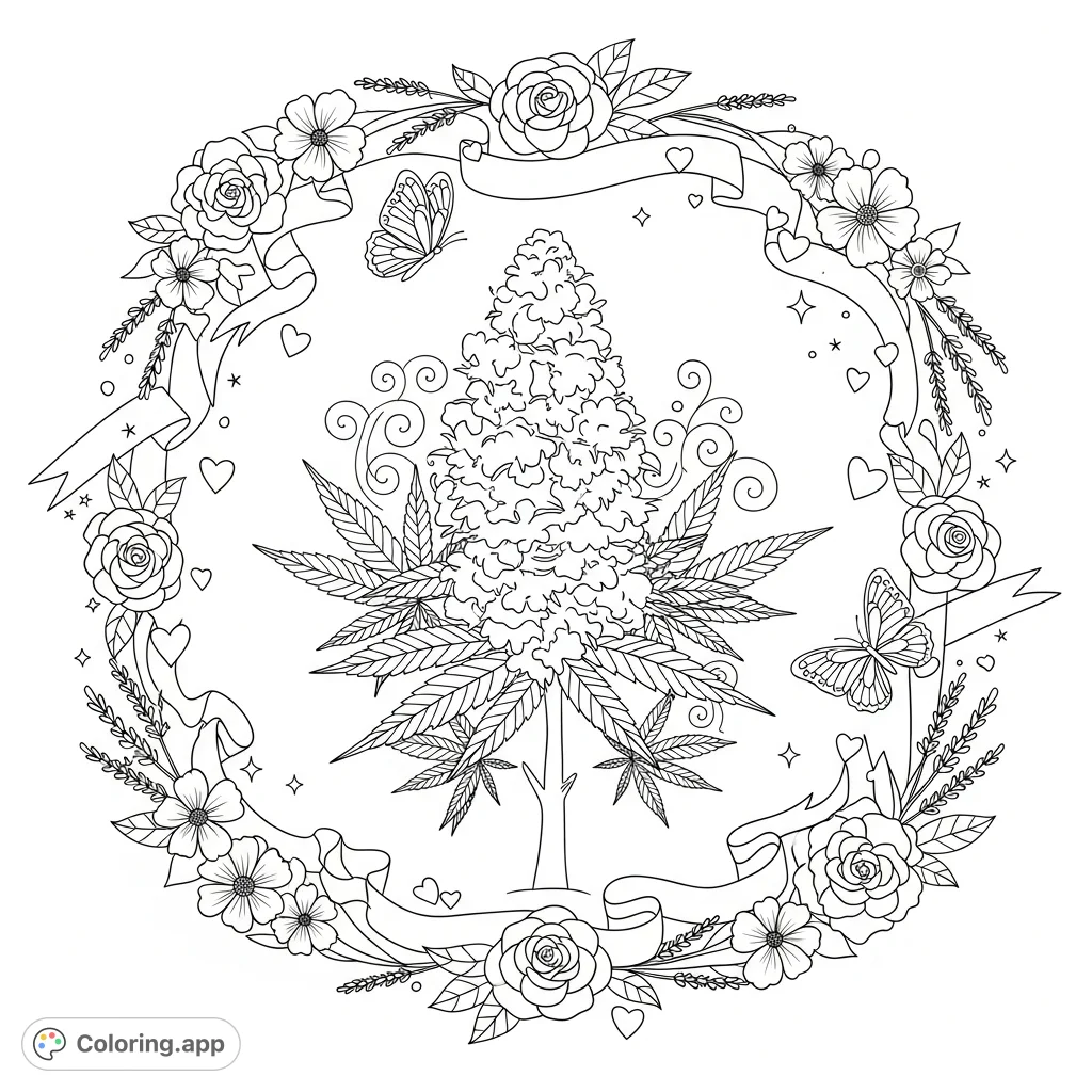 Embrace relaxation with this chic, girly aesthetic cannabis coloring page. Features delicate cannabis leaves, lush flowers, and whimsical elements for adult colorists.