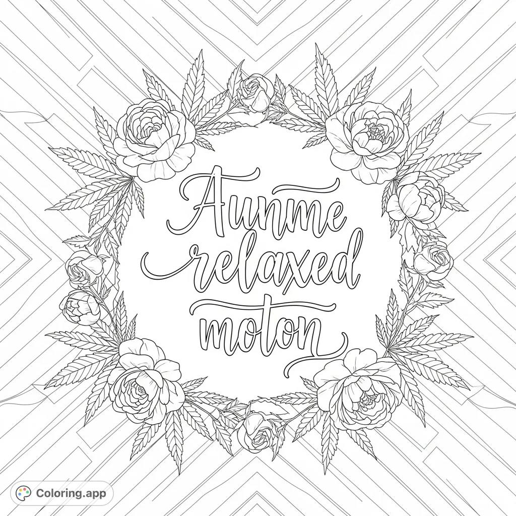 Elegant script quote surrounded by stylized cannabis leaves, rosebuds, and peonies, set against a backdrop of bold geometric patterns. A unique and calming design.
