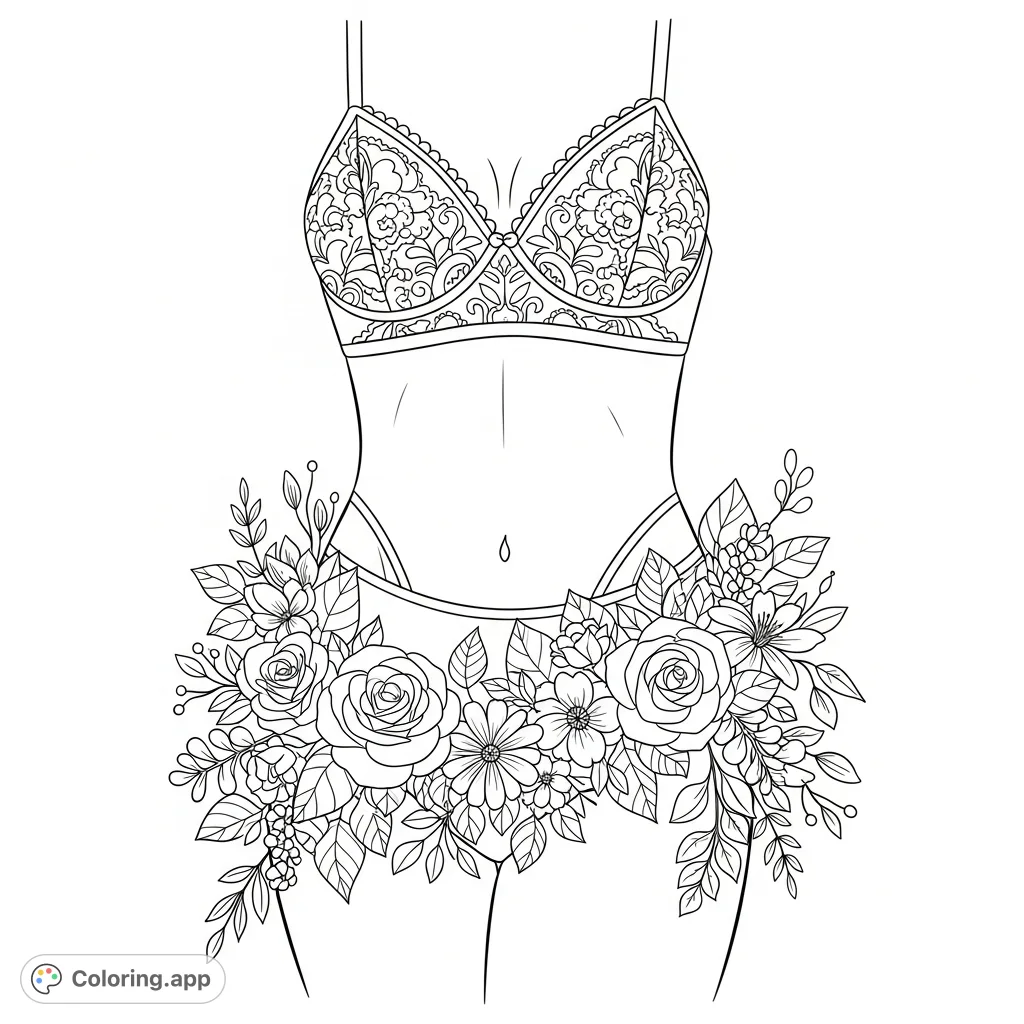 An elegant female torso in a delicate undergarment, adorned with intricate floral body art featuring roses and blossoms, perfect for sophisticated coloring.
