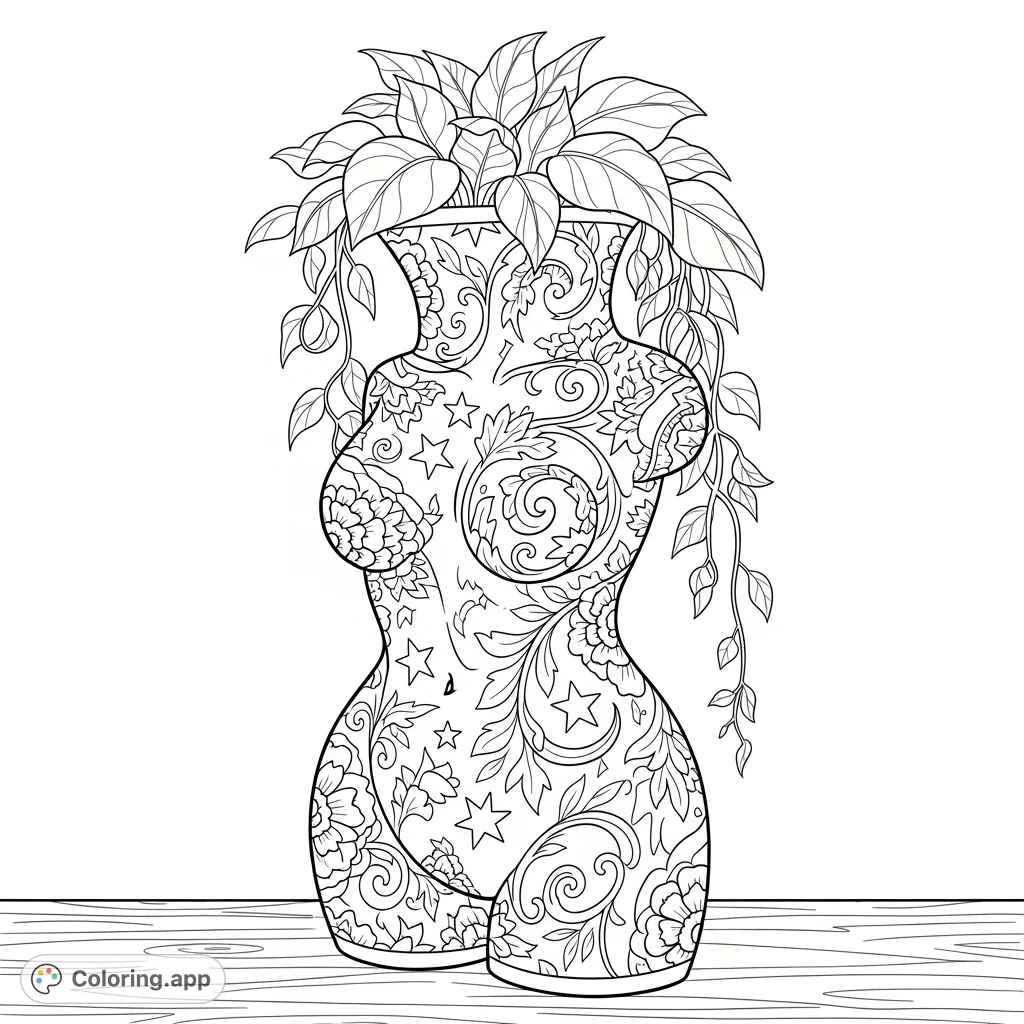 Discover a unique vase shaped like a human torso, adorned with intricate floral patterns and stars, holding an overflowing leafy plant on a wooden surface.