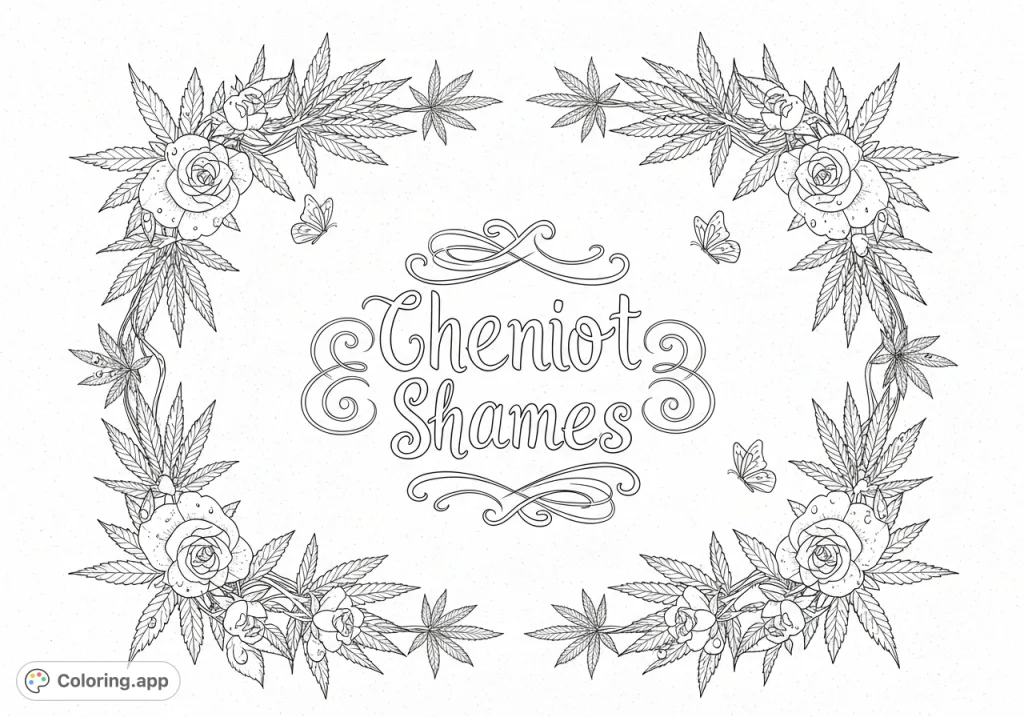 An elegant script phrase is framed by a continuous wreath of stylized cannabis leaves, delicate roses, and ethereal butterflies. Intricate details for a unique coloring experience.