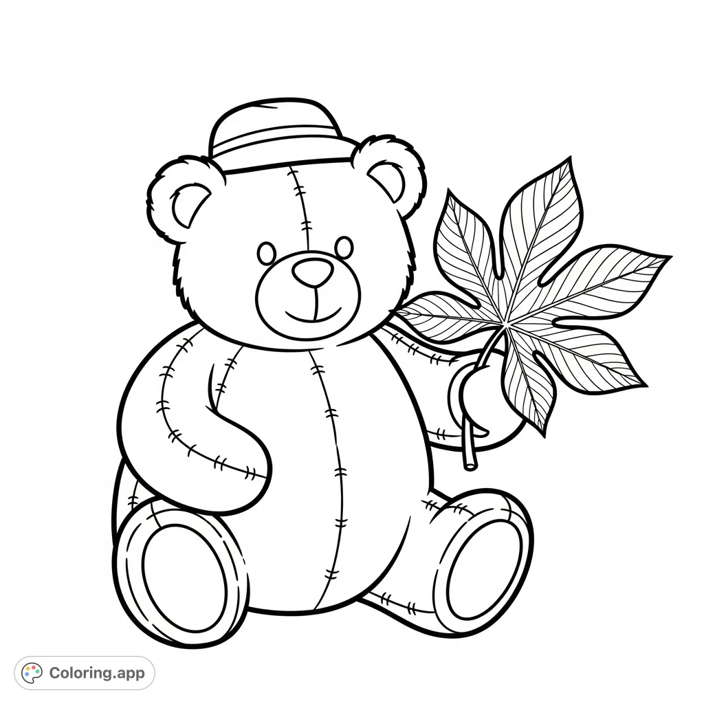 A charming, plump teddy bear with plush texture and stitching details sits holding a unique five-lobed leaf. Perfect for creative coloring fun!