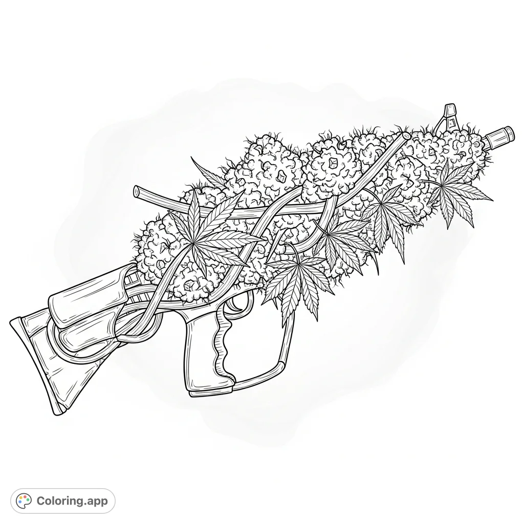 Explore a unique adult coloring page featuring cannabis buds and leaves shaped into a futuristic energy weapon. Intricate details and a hazy background await your creative touch.