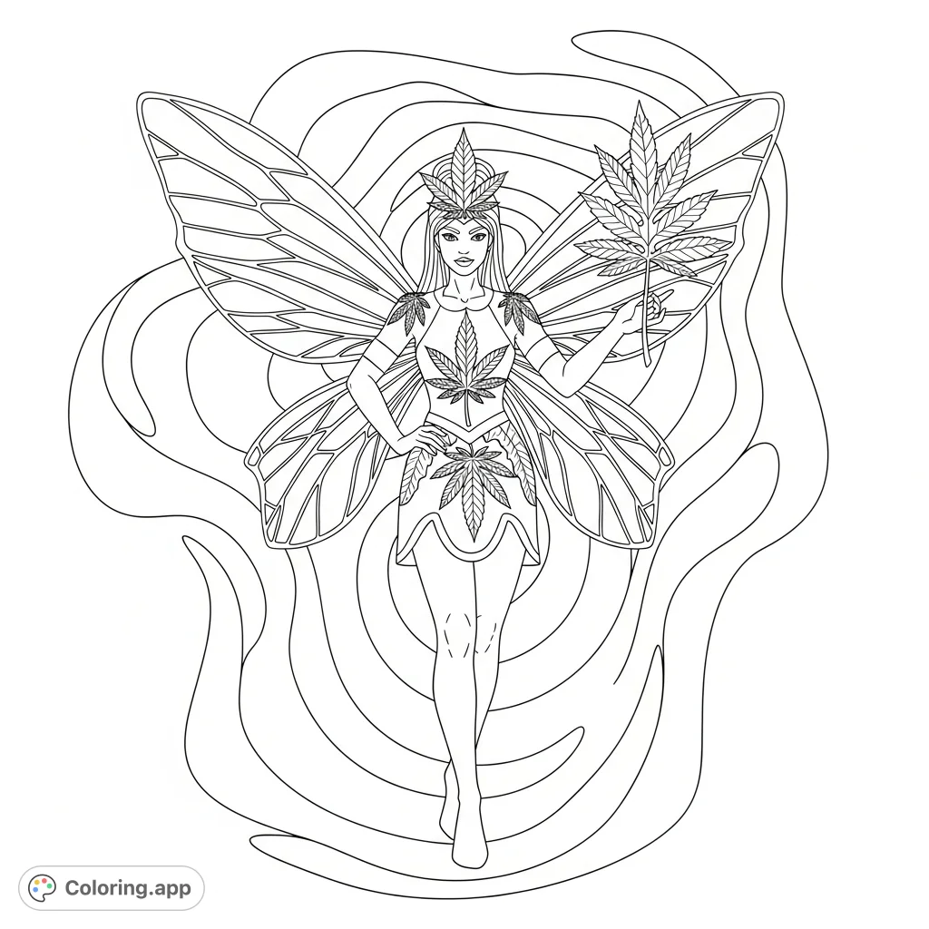 A bold Ganja queen fairy, adorned in stylized foliage, stands with intricate wings against a mesmerizing psychedelic background. A unique adult coloring page for creative expression.