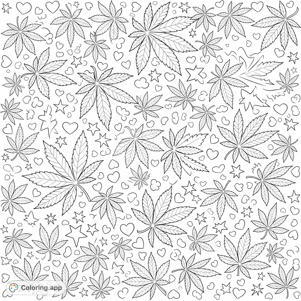 Explore a dense, playful geometric cannabis leaf pattern with intricate details, featuring stylized leaves, sharp stars, and smooth hearts. A unique design for adult colorists.