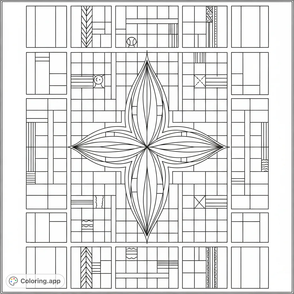 An intricate geometric cannabis-inspired motif within a precise grid of patterned rectangular spaces, framed by stout vertical bars. A challenging adult coloring page.