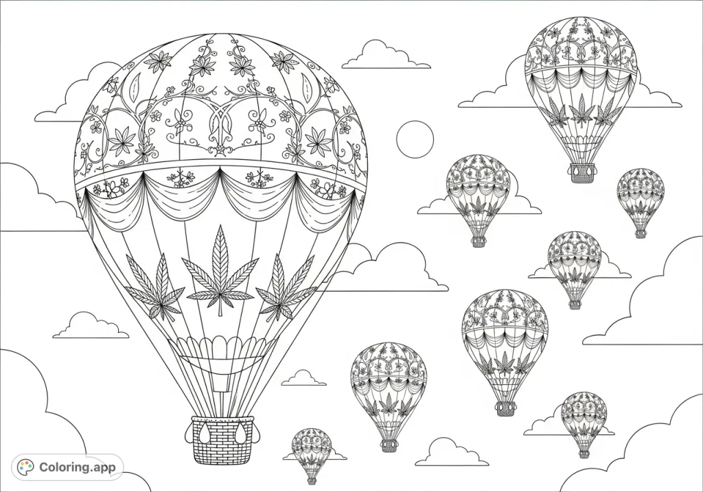 A unique hot air balloon coloring page featuring 'girly cannabis patterns' with delicate leaves, blossoms, and swirling vines against a cloud-filled sky.