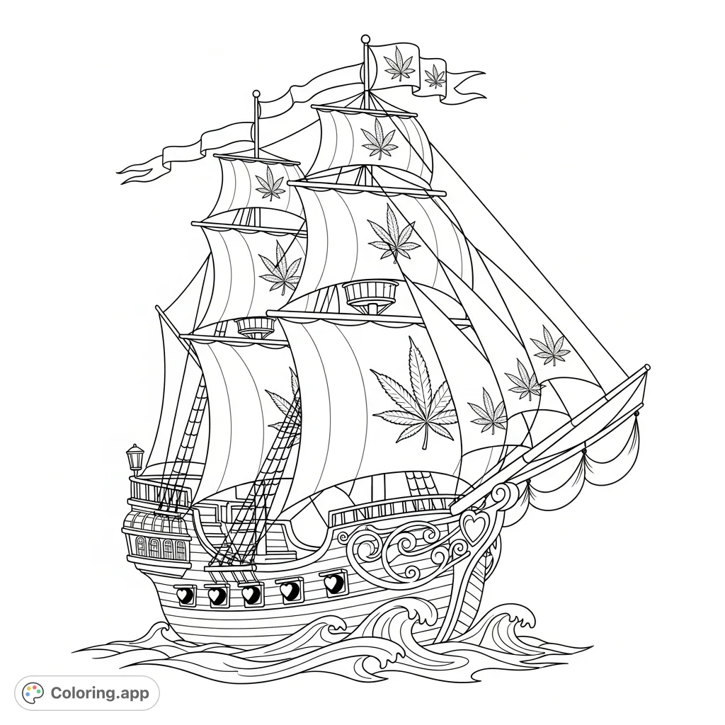 Embark on a unique voyage with this "girly pirate ship" featuring bold marijuana leaf motifs, decorative accents, and billowing sails for creative coloring.
