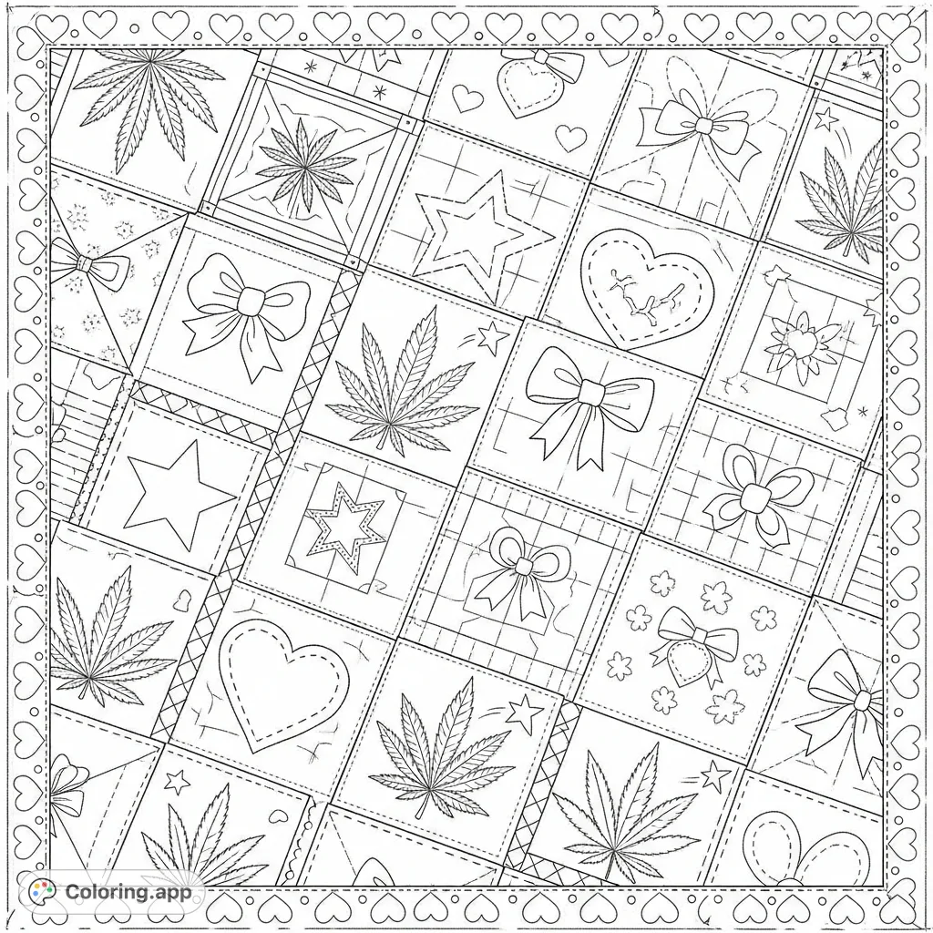 Discover a unique marijuana quilt coloring page with distinct patches showcasing stylized cannabis leaves alongside charming "girly inspired" motifs like hearts and stars.
