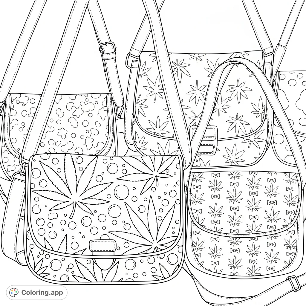 Discover stylish shoulder bags featuring unique 'girly' cannabis leaf patterns, from bold abstract designs with bubbles to uniform arrangements with tiny bows, set against a clean backdrop. A fashionable cannabis coloring page.