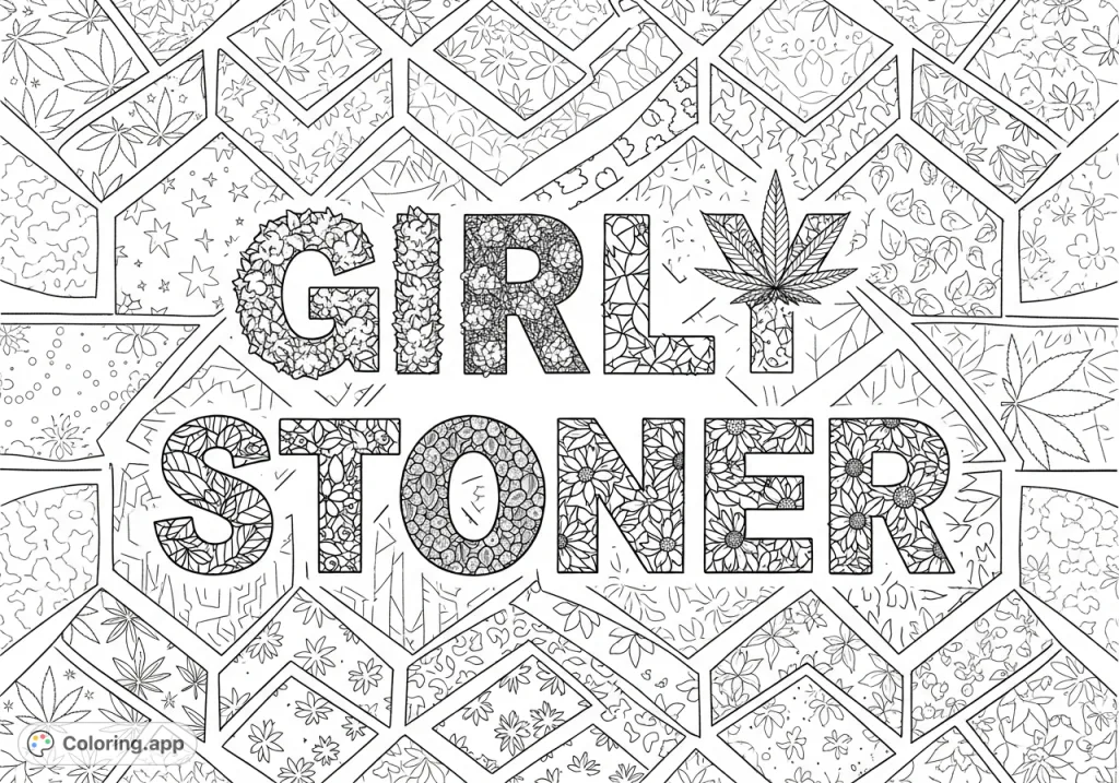 An intricate "girly stoner quote" coloring page featuring stylized letters with unique cannabis-inspired patterns set against a mosaic of geometric shapes. Perfect for adults.