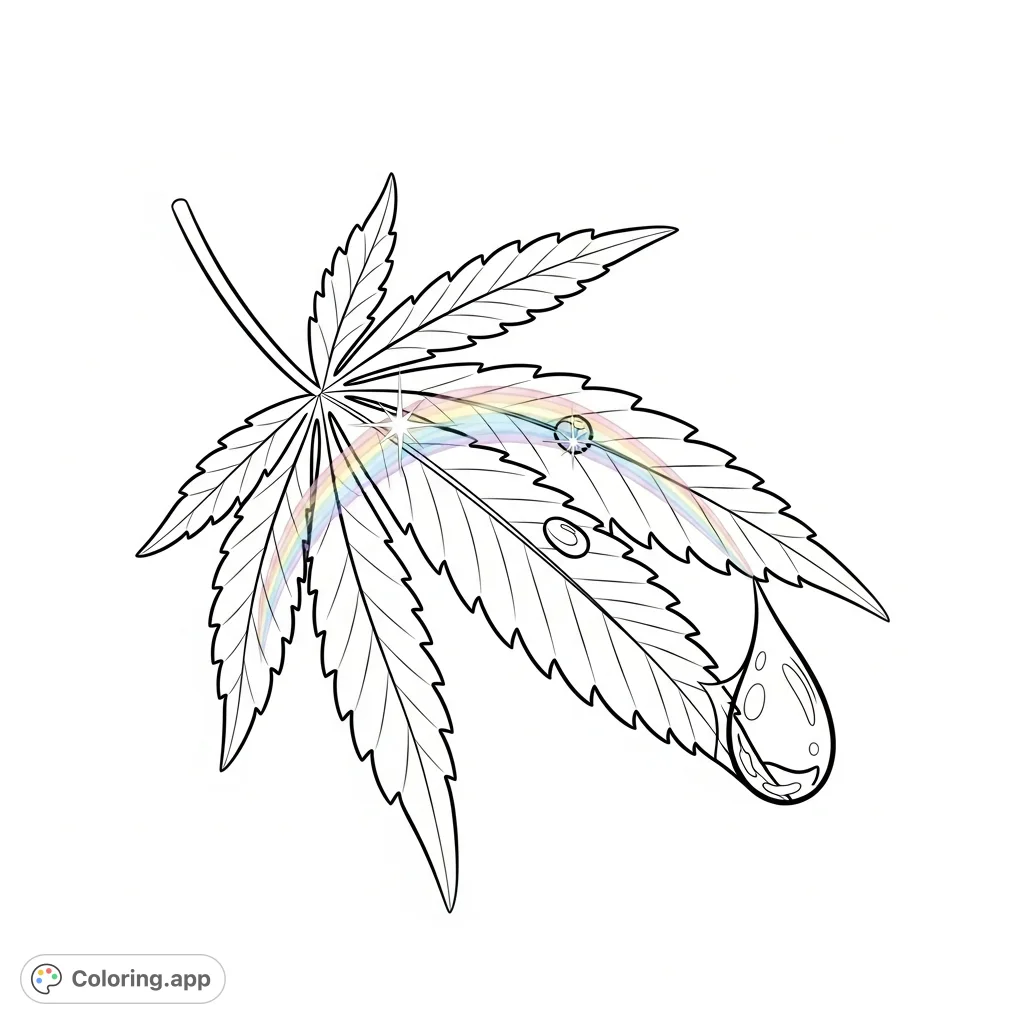 Discover a detailed cannabis leaf with a delicate water droplet reflecting a subtle spectrum of light. An intricate and serene botanical coloring experience for adults.