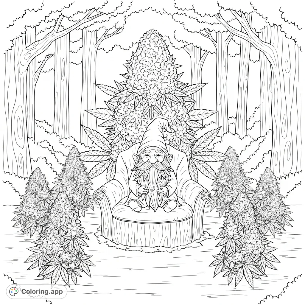 Discover a benevolent gnome on a regal cannabis plant throne in a secluded clearing, surrounded by smaller bushes, holding a glowing seed. A unique botanical scene.