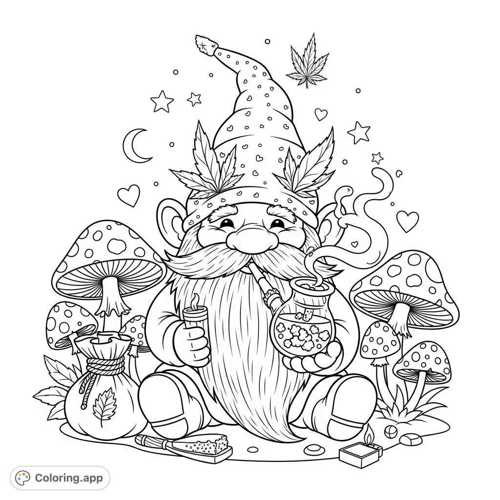Discover a jovial gnome with a long beard and pointed hat, relaxing with a water pipe amidst mushrooms, foliage, and whimsical floating shapes.