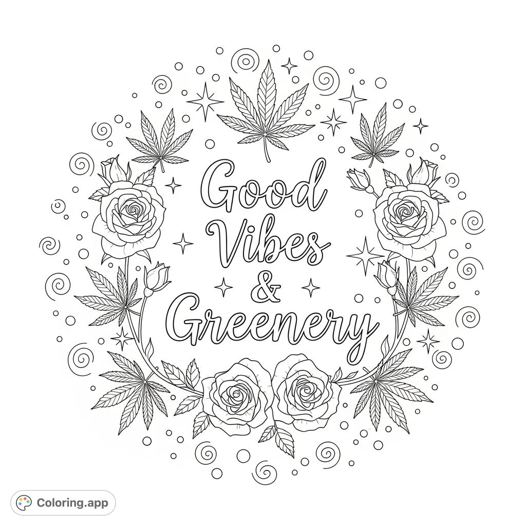 An elegant "Good Vibes & Greenery" script surrounded by intricately woven cannabis leaves, blooming roses, starbursts, and whimsical patterns for adults.
