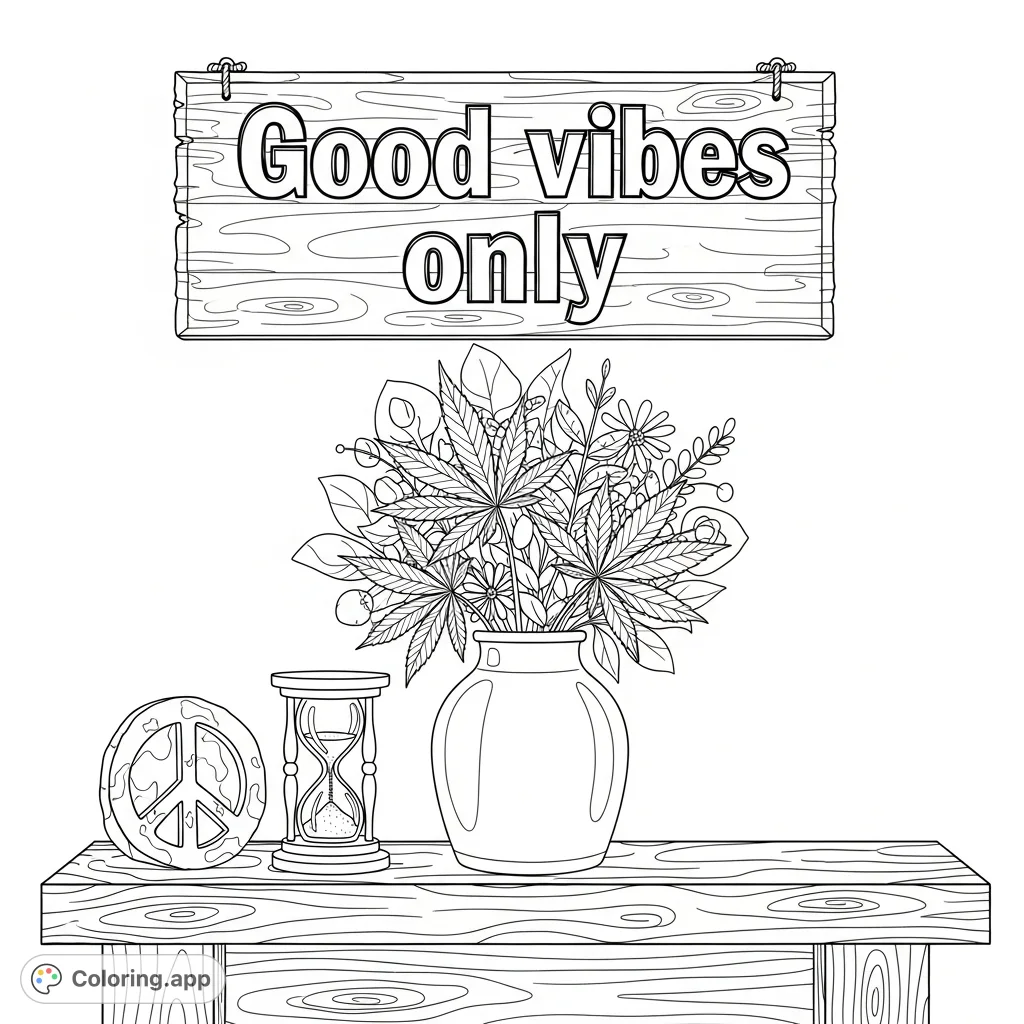 A rustic mantelpiece adorned with a ceramic vase holding stylized cannabis leaves and abstract flowers, a peace sign, hourglass, and a 'Good vibes only' plaque. A relaxing scene.