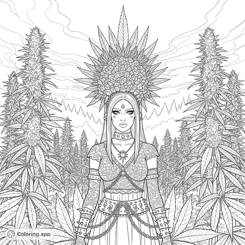 A powerful goth queen stands amidst a dense field of towering cannabis plants. She wears layered lace and studded leather, crowned with an ornate tiara crafted from cannabis elements.