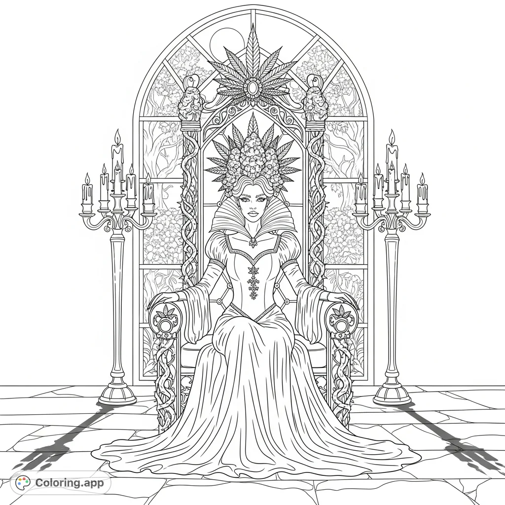 An enchanting goth queen graces an ornate throne, surrounded by thorny vines, cannabis motifs, and a moonlit garden. A unique, detailed coloring page for adults.