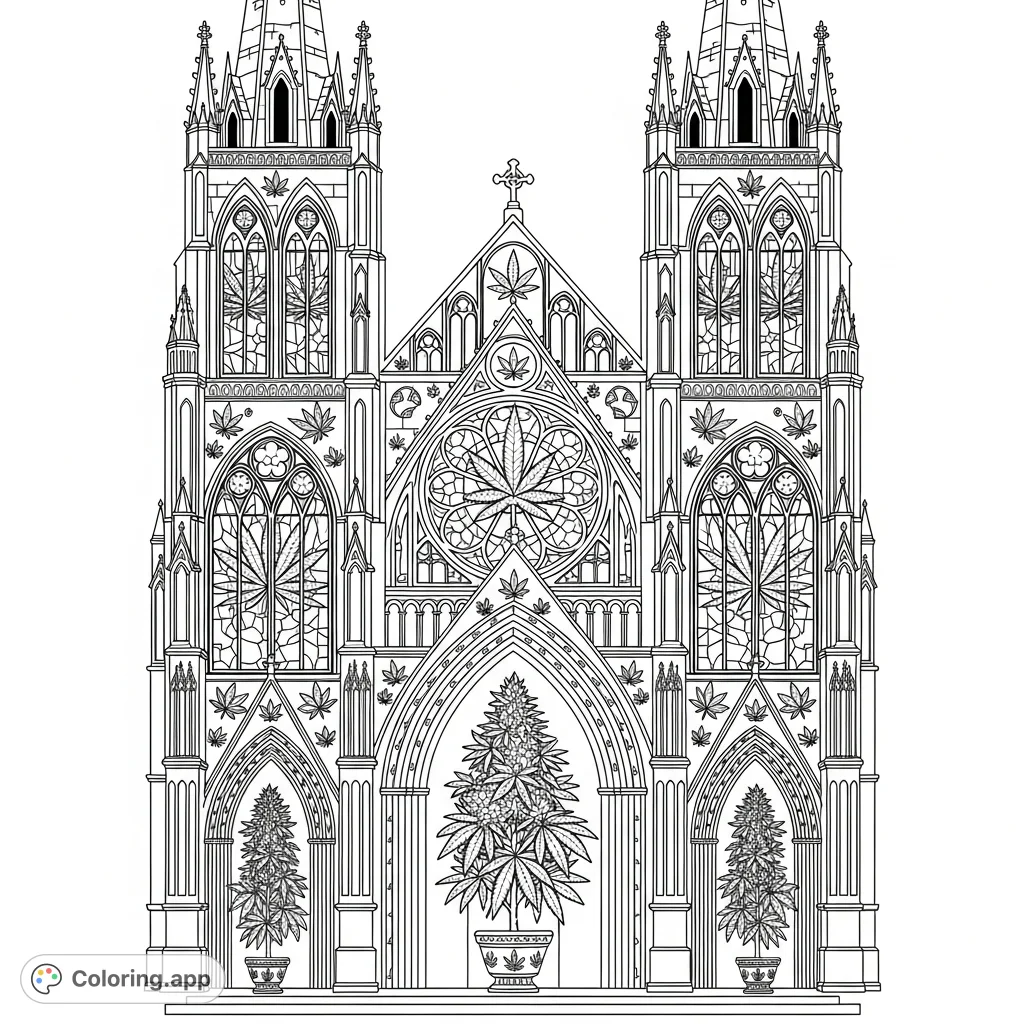 An intricate cannabis church coloring page, featuring gothic architecture, soaring spires, detailed leaf motifs, and a grand entrance. Perfect for adult colorists.